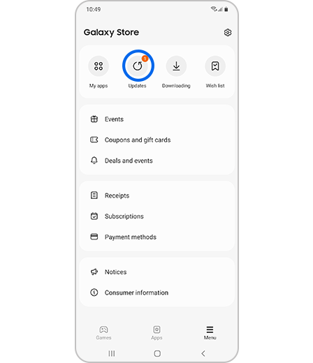 How to check my purchase history and update apps in the Galaxy Store