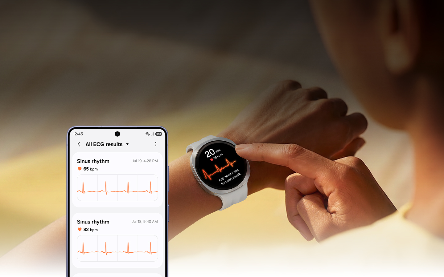 A woman is touching her Galaxy Watch. The watch displays an ECG reading of Sinus Rhythm, 20 seconds, and 65 bpm with a waveform graph, including the text 'app never looks for heart attack' at the bottom. A smartphone with ECG feature onscreen is shown nearby.