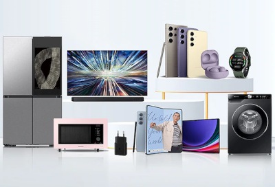 Various Samsung products displayed, including a refrigerator, TV, smartphones, earbuds, a watch, a microwave, a vape device, a notebook, and a washer.