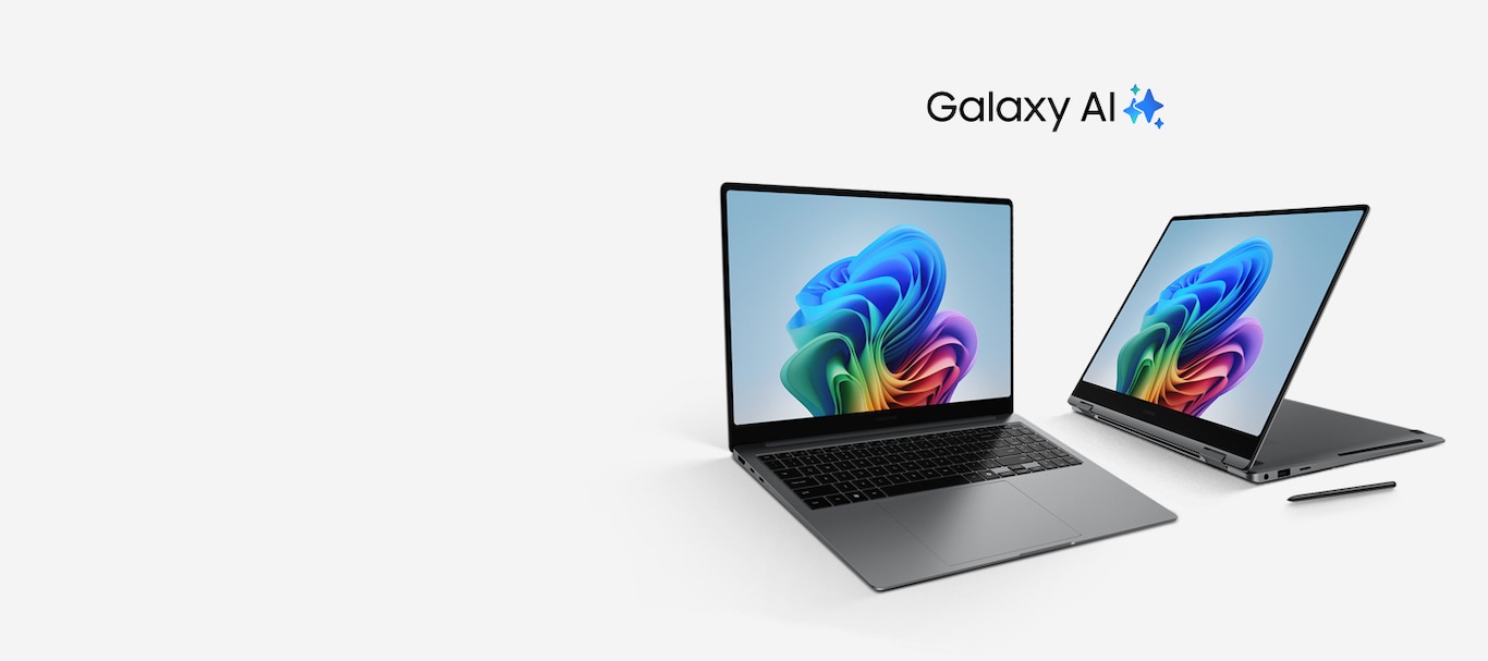 Galaxy Book5 Pro is open, facing slightly right with a colorful wallpaper shown onscreen. Galaxy Book5 Pro 360 is folded back with the screen facing left, a colorful wallpaper shown onscreen and S Pen placed next to it. Galaxy AI.