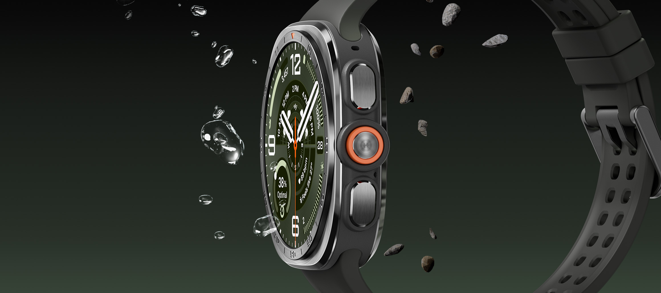 Galaxy Watch Ultra2 in Titanium Silver with an Olive Marine Band, seen from the side with water splashes and scattered gravel surrounding the watch to demonstrate its rugged durability against elements such as water and dust.