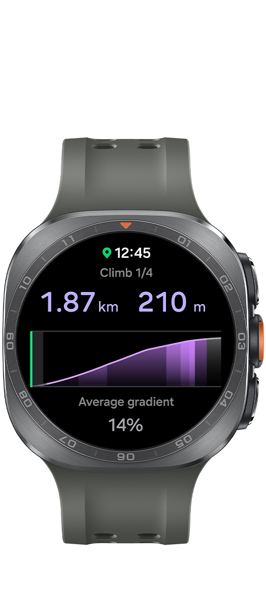 Galaxy Watch Ultra2 in Titanium Silver with a Marine Band in Olive shown facing forward with climb guidance shown on the display. Time and climbing stats are shown with text Climb 1 out of 4. 1.87 km and 210 m. Average gradient 14 percent.