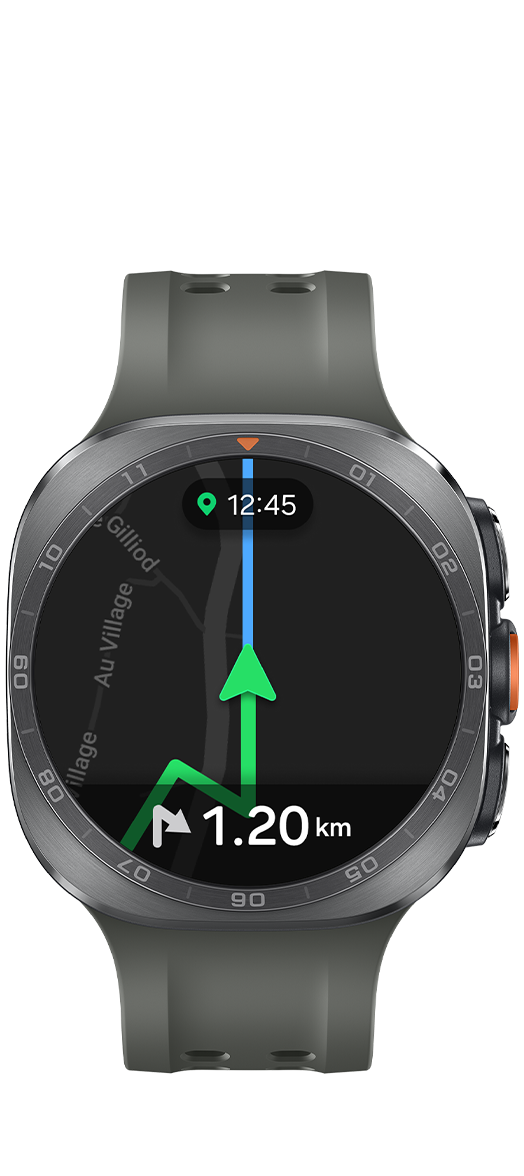 Galaxy Watch Ultra2 in Titanium Silver with a Marine Band in Olive shown facing forward with GPS navigation shown on the display with real-time guidance on a GPX route. Time and location shown with next turn in 1.20 km.