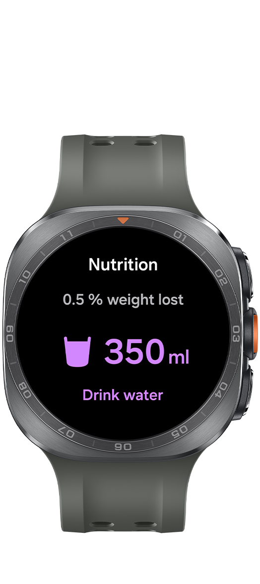 Galaxy Watch Ultra2 in Titanium Silver with a Marine Band in Olive shown facing forward with hydration reminders shown on the display. Text on the display reads Nutrition. Drink water 350 ml. 0.5 percent weight lost.