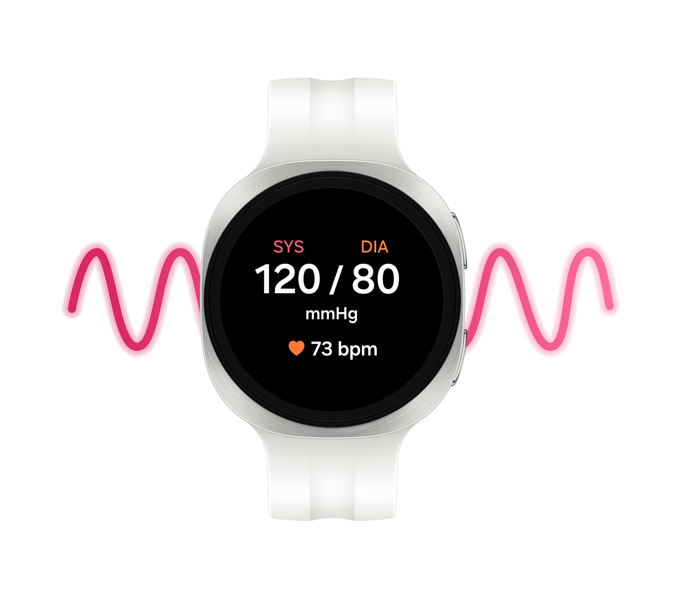 Galaxy Watch9 in Cream with a Sport Band in Cream facing forward with the blood pressure monitoring feature shown on the display with text SYS 120, DIA 80 mmHg and 73 bpm.