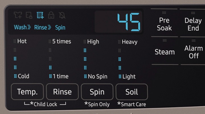 Samsung washing machine control panel temperature spin settings