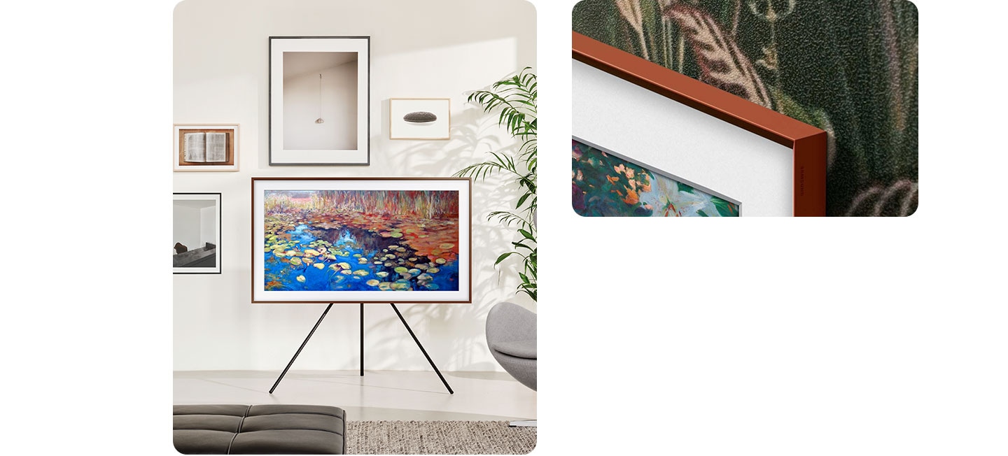The Frame is placed on a stand Displayed Next to pictures on Wall. A Corner of A Customizable Frame is On Display and Keeps Changing Its Bezels