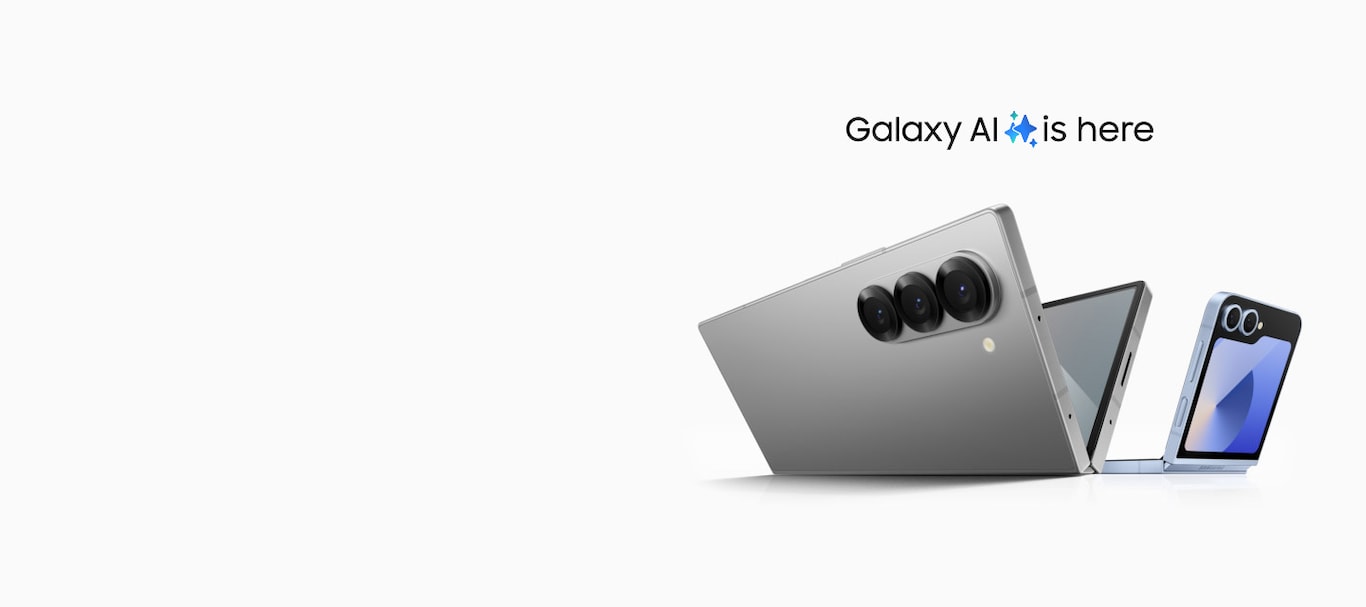 Galaxy AI is here. Galaxy Z Fold6, seen closed, vertical and from the side. It rotates to a horizontal position seen from the rear, hinge downward, and opens to a “V” shape. At the same time, Galaxy Z Flip6 appears, closed and seen from the FlexWindow. It then opens to sit in FlexMode.