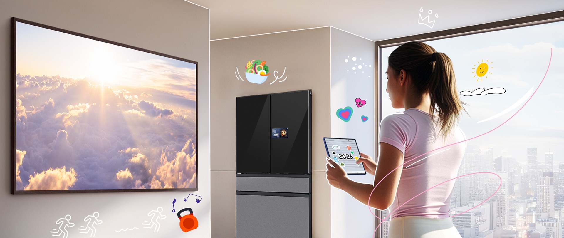 A woman in workout clothes is seen from behind. She holds an open Galaxy Z Fold7 displaying the text 2026 along with some illustrative icons. In front of her, The Frame Pro shows a bright cloud and sun image. Beside it, a Bespoke AI Refrigerator is mounted on the wall, with an image of ingredients visible on its door screen. Illustrated icons such as fitness symbols, healthy food, hearts, sunlight, and clouds are placed around her and the products. An illustration line wraps around her body.