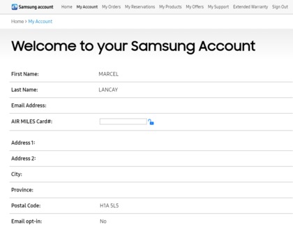 My Account tab from a Samsung Account