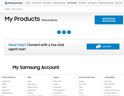 My Products tab from a Samsung Account