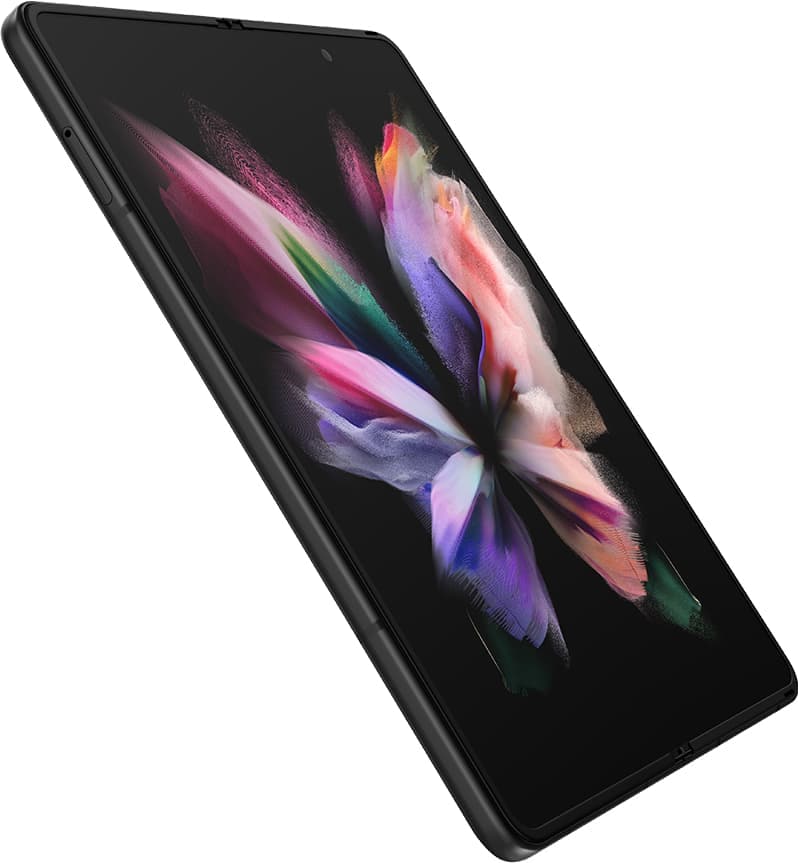 Unfolded Galaxy Z Fold3 5G seen at an angle with a colourful wallpaper on the Main Screen.