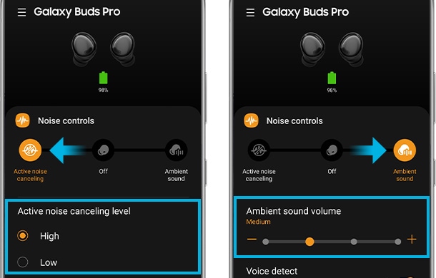 Với chế độ kiểm soát tiếng ồn trên tai nghe Galaxy Buds Pro, bạn sẽ không bao giờ phải lo lắng về tiếng ồn bên ngoài khi nghe nhạc. Sản phẩm này giúp loại bỏ tạp âm xung quanh và cho phép bạn tập trung vào âm nhạc yêu thích mà không bị gián đoạn. Hãy xem hình ảnh liên quan để biết thêm về tính năng này.