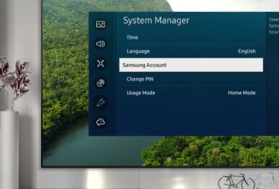 Samsung Smart TV displaying the 'System Manager' menu with settings for Language, Samsung Account, and more, set against a scenic forest backdrop in a living room.