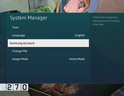 Screenshot of a Samsung TV's 'System Manager' menu with options like Time, Language, Samsung Account, and more.