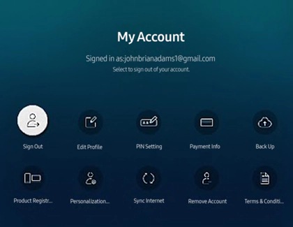 Screenshot of the 'My Account' screen on a Samsung Smart TV, showing options like Sign Out, Edit Profile, PIN Setting, and more.