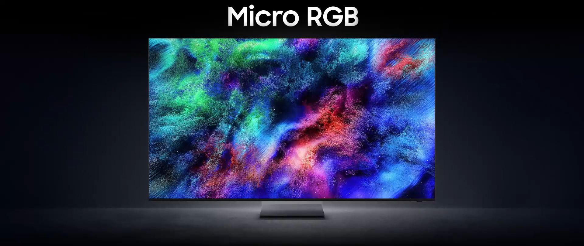 A Samsung Micro RGB TV displaying a colorful, abstract image resembling a vivid burst of color.