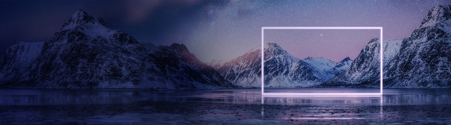 A glowing rectangular silhouette like a TV screen is set on an outdoor lake with snowy mountains in the background.