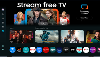 A TV screen displays apps, services and streaming options available with Samsung One UI Tizen.