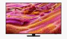 A Samsung Neo QLED TV displays a field of pink and orange grass on screen.