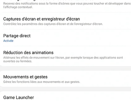 Touchez le bouton coulissant pour activer la fonction de réduction des animations