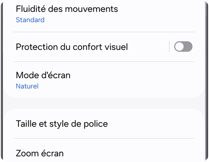 Menu des paramètres d'affichage d'un Samsung Galaxy avec le mode d'écran réglé sur Naturel.
