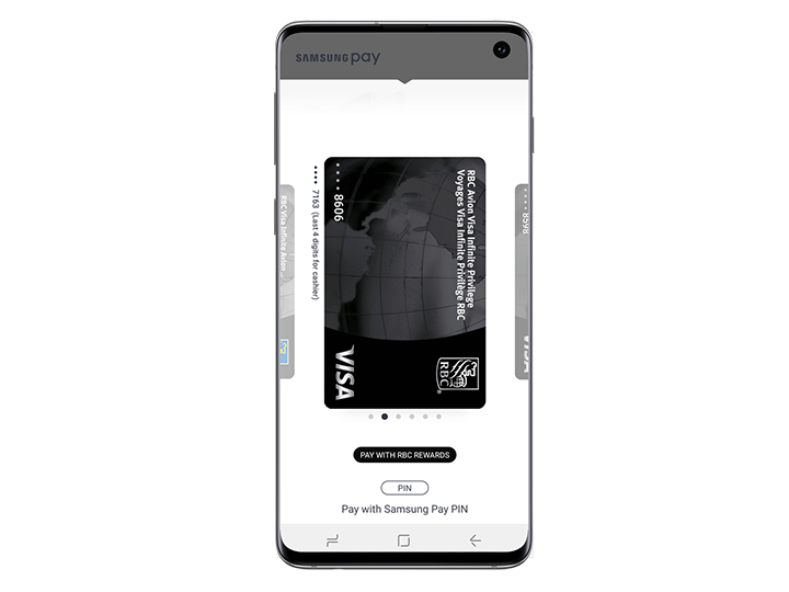 A Galaxy S10E elölről látva, a Samsung Pay alkalmazás megjelenésével a képernyőn. A képernyő a támogatható RBC vízumkártyákat mutatja, és a jutalommal történő fizetési lehetőséget mutatja be