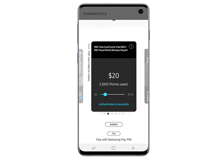 Galaxy S10e dilihat dari bahagian depan dengan aplikasi Samsung Pay yang muncul di skrin. Skrin memaparkan pilihan untuk memilih jumlah mata yang digunakan untuk pembelian