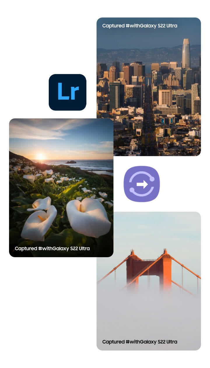 Un collage de paysages entourés d’icônes Adobe Lightroom et de l’application Samsung Quick Share  Capturé #withGalaxy S22 Ultra