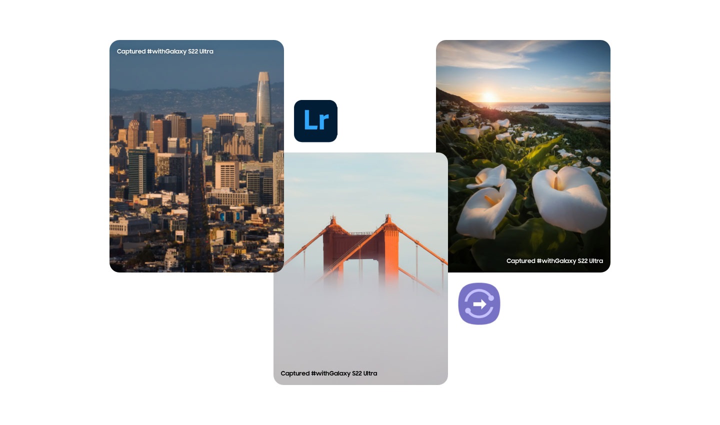 Un collage de paysages entourés d’icônes Adobe Lightroom et de l’application Samsung Quick Share  Capturé #withGalaxy S22 Ultra