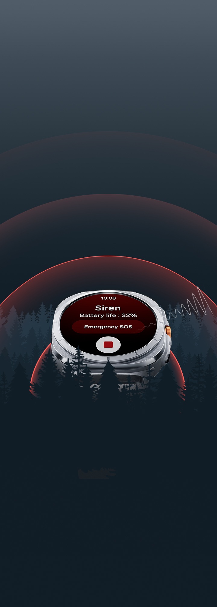 Une montre Galaxy Watch Ultra affiche un écran de sirène avec le texte « SOS d’urgence » et un bouton pour arrêter. Le bouton rapide est visible sur le côté de la montre. Une onde représentant le son se propage de la montre dans la forêt.