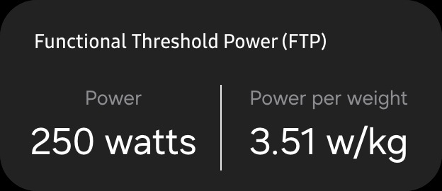 On peut voir une carte de mesures FTP affichant le texte « Functional threshold power (FTP) » (puissance au seuil fonctionnel) sous lequel on peut lire « 250 watts » pour la puissance et « 3.51 w/kg » pour la puissance par poids.
