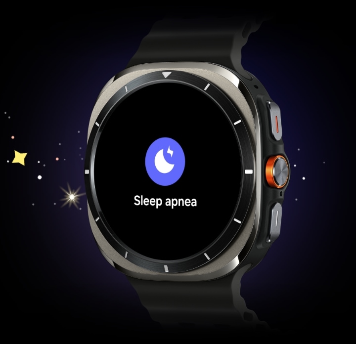 On aperçoit une montre Galaxy Watch Ultra avec le texte « Apnée du sommeil » et son icône.