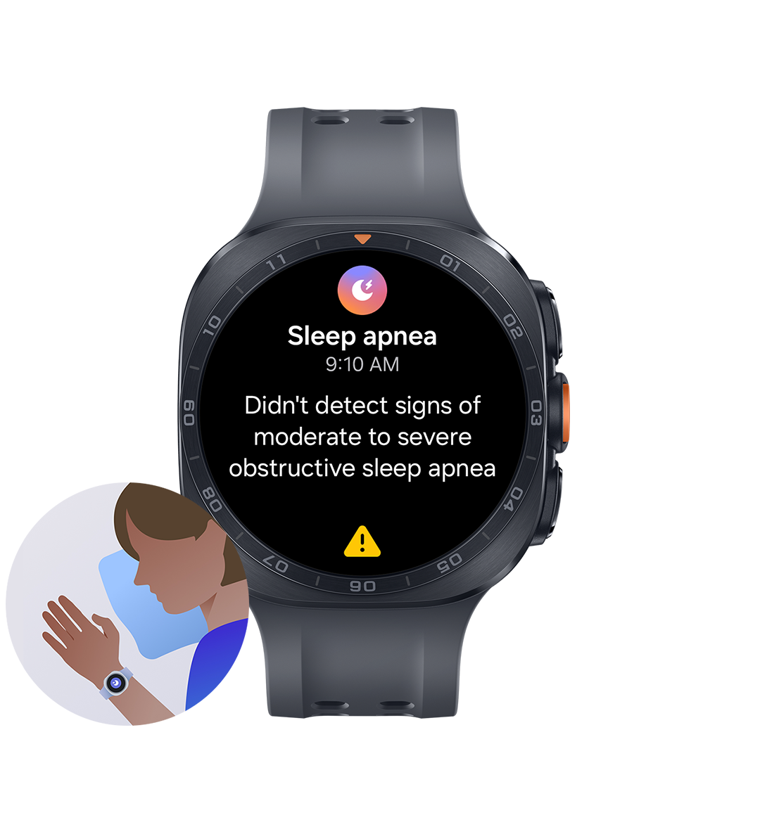 Une Galaxy Watch Ultra2 couleur Gris titane avec un bracelet marin couleur noir présentée de face, affichant l’interface de la fonction d’apnée du sommeil à l’écran avec une icône d’apnée du sommeil, l’heure, le texte « Aucun signe d’apnée du sommeil modérée à sévère détecté » et un symbole d’avertissement au bas. Icône illustrant une personne portant une Galaxy Watch Ultra2 au poignet pendant son sommeil, avec la fonction de détection des risques d’apnée du sommeil activée.