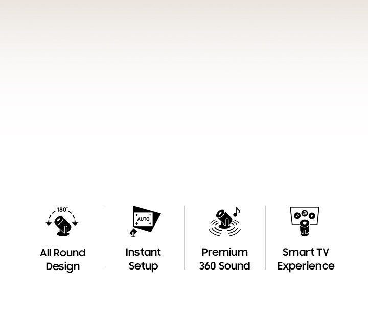 Gros plan sur The Freestyle. Icônes pour le design en rond à 180°, la configuration instantanée AUTO, le son haut de gamme à 360 et l’expérience Smart TV.