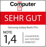 Computer Bild, Sehr gut, veröffentlicht am 10.07.2024 unter http://computerbild.de Samsung Galaxy Buds3 pro, Einzeltest.