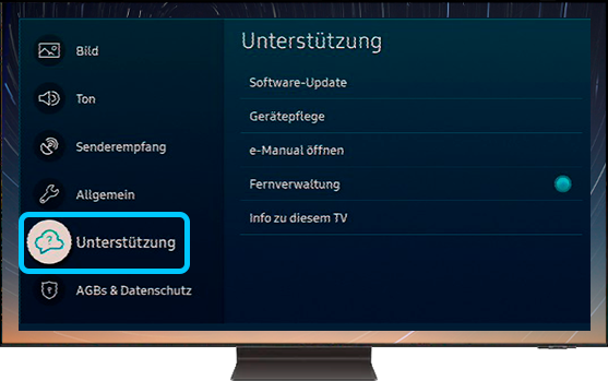 Support im Einstellungsmenü auswählen