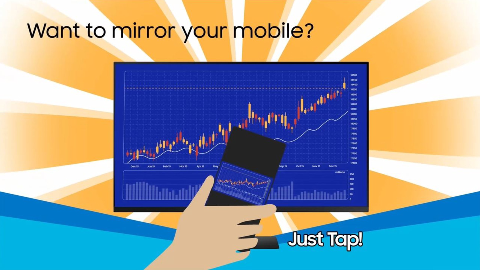 Diese Animation zeigt einen blauen Desktop-Bildschirm auf dem Smart-Monitor, über dem die Worte \"Want to mirror your mobile?\" stehen. Eine Hand, die ein Smartphone hält, bewegt sich vor dem Monitor, auf dem Smartphone ist eine Grafik zu sehen und die Worte \"Just tap!\" erscheinen. Auf dem Smart Monitor erscheint die gleiche Grafik wie auf dem Smartphone-Display. Hinter dem Smart Monitor befinden sich gelbe und weiße Strahlen, die sich nach der Synchronisierung in einer kreisförmigen Bewegung um den Smart-Bildschirm bewegen.