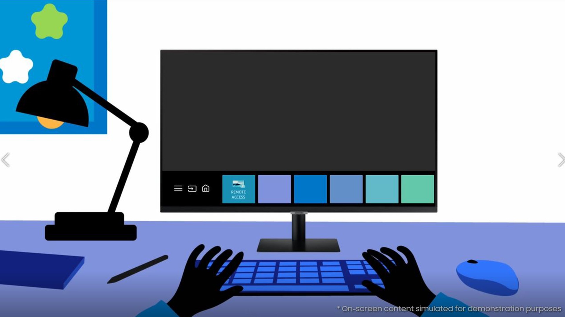 Eine Animation zeigt ein Kind mit Kopfhörern an einem Schreibtisch mit Blick auf ein Fenster, auf dem ein Smart-Monitor steht. Auf dem Schreibtisch befinden sich eine kabellose Maus, eine Schreibtischlampe, ein Tagebuch und ein Bleistift. Oben auf dem Bildschirm erscheint die Frage \"Don't have a PC?\". Wir zoomen auf den Bildschirm, während \"not a problem\" die vorherigen Worte ersetzt. Der Bildschirm zeigt die Möglichkeit des Fernzugriffs, und die Person, die navigiert, kann sich auf ein Video zum virtuellen Lernen konzentrieren. Unten steht: \"Bildschirminhalt zu Demonstrationszwecken simuliert\".