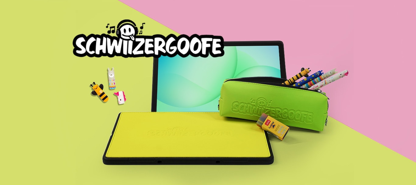 Zwei Tablets mit gelbem und grünem Etui sowie Stiften auf gelbem Untergrund, darüber das Logo 'SCHWIIZERGOOFE' mit einem stilisierten Totenkopf und Noten