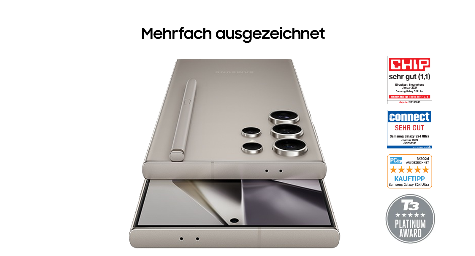 Zu sehen sind sechs Galaxy S24 Smartphones. Zusammen bilden die Geräte ein „V“ und sind in Dreiergruppen angeordnet. Beide Gruppen zeigen jeweils ein Galaxy S24 Gerät von vorne und zwei von hinten.