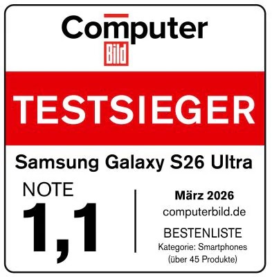 Samsung Galaxy S26 Ultra, sehr gut (1,1), veröffentlicht am 09.3.2026 unter computerbild.de, Einzeltest. Platz 1 der gegenwärtigen Bestenliste in der Kategorie Smartphones bei computerbild, März 2026, s. Samsung Galaxy-S26-Serie mischt die Smartphone-Bestenliste auf – COMPUTERBILD