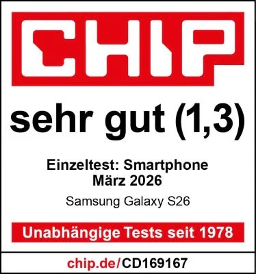 Galaxy S26, sehr gut (1,3), veröffentlicht am 27.2.2026 unter chip.de, Einzeltest.