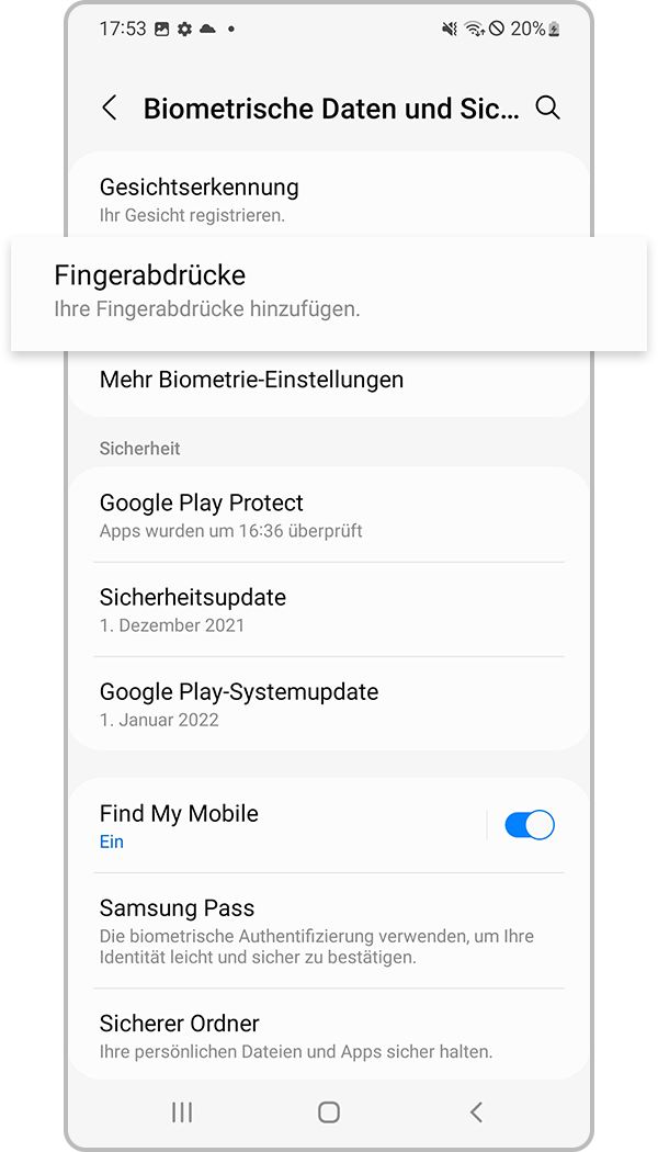 Fingerabdruckerkennung zum Entsperren von Galaxy S22Geräten nutzen und einstellen Samsung Schweiz