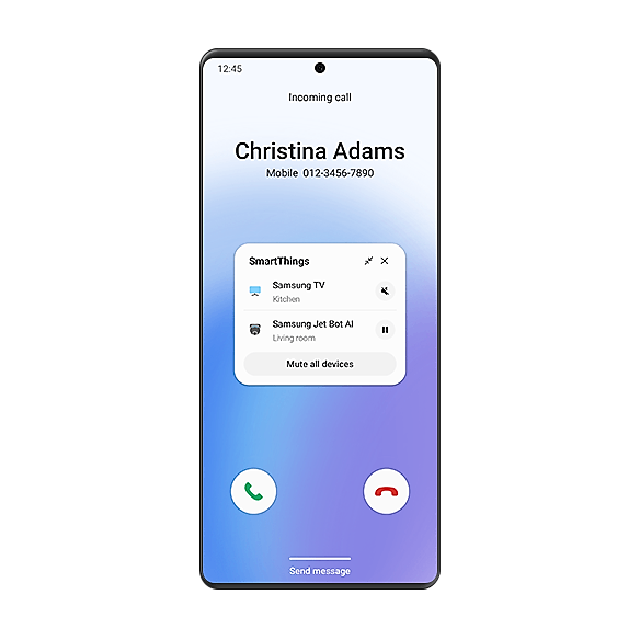 Interface utilisateur graphique d’un smartphone Galaxy affichant un appel entrant de Christina Adams et la fenêtre contextuelle SmartThings permettant de mettre une partie ou la totalité des appareils en mode sourdine. Téléviseur Samsung dans la cuisine mis en sourdine et Samsung Jet Bot AI dans le salon en pause.