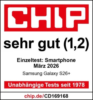Galaxy S26+, sehr gut (1,2), veröffentlicht am 27.2.2026 unter chip.de, Einzeltest.