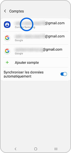 Aperçu de la sélection d'un compte Samsung existant sur smartphone