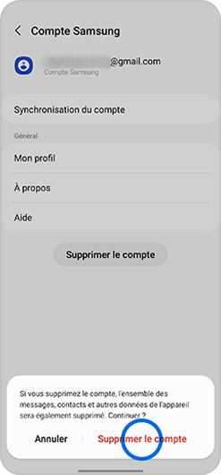 Confirmer la suppression d'un compte Samsung sur un smartphone