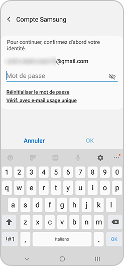 Aperçu de la saisie du mot de passe pour la suppression d'un compte Samsung sur un smartphone