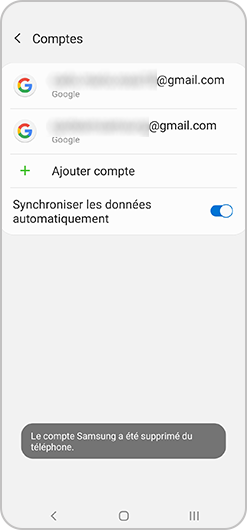 Aperçu de la notification confirmant la suppression d'un compte Samsung sur un smartphone